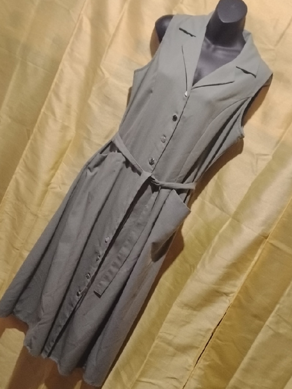 Sleeveless Gray Midi Shirt Dress with Self-Tie Belt